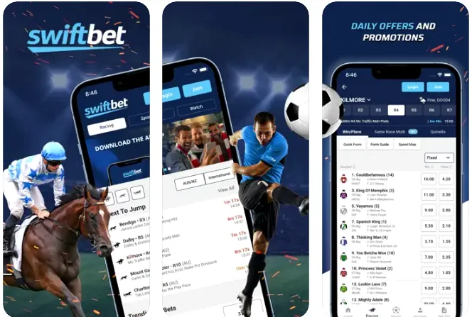 Swiftbet app screens for racing and sports